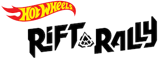 Logo from the game Rift Rally. The top left corner is a yellow on red logo from Hot Wheels and the main logo is a black on white logo Rift Rally